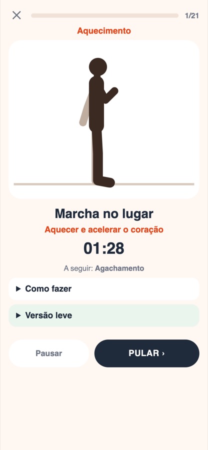 Treino guiado no app, com desenho do movimento e cronômetro