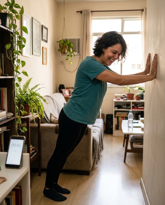 Mulher fazendo prancha na parede em casa